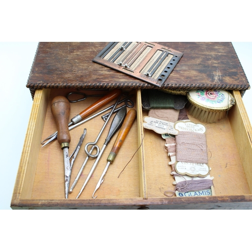 368 - A set of wooden drawers with contents relating to needwork and lacemaking. 33.5cm x 23cm, height 17c... 