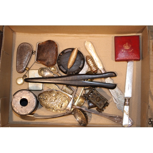 369 - An interesting collection of items to include hatpins, silver plated items, miniature coach tape  me... 