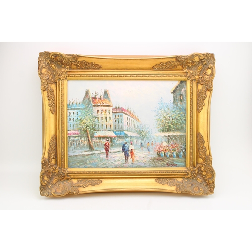 421 - Caroline Burnett, oil on canvas 'Paris street scene' in gilt frame. 30cm x 40cm