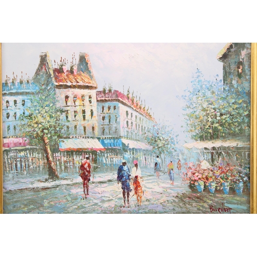 421 - Caroline Burnett, oil on canvas 'Paris street scene' in gilt frame. 30cm x 40cm