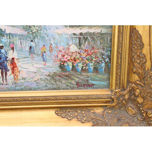 421 - Caroline Burnett, oil on canvas 'Paris street scene' in gilt frame. 30cm x 40cm