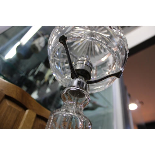 429 - An Edwardian cut glass mushroom shaped table lamp with nickel plated brass fittings. Height 48cm.