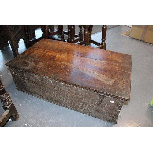 431 - A three plank oak bible box. Height 26cm, width 82cm, depth 49cm.