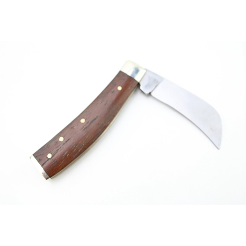 433 - A Wright & Son rosewood handle flat cap pruner pocket knife, Sheffield made. 10.5cm wide, 18cm when ... 