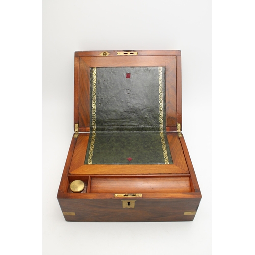 437A - Mahogany writing slope, brass bound and escutcheons, 30cm wide.