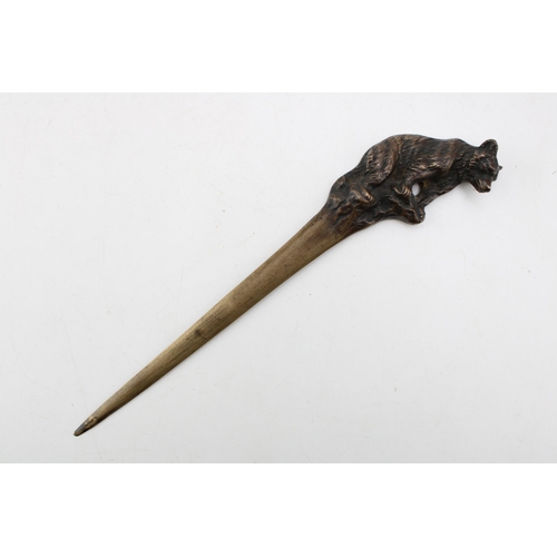 447 - Cast metal page turner / letter opener with grizzly bear finial, 24cm tall.