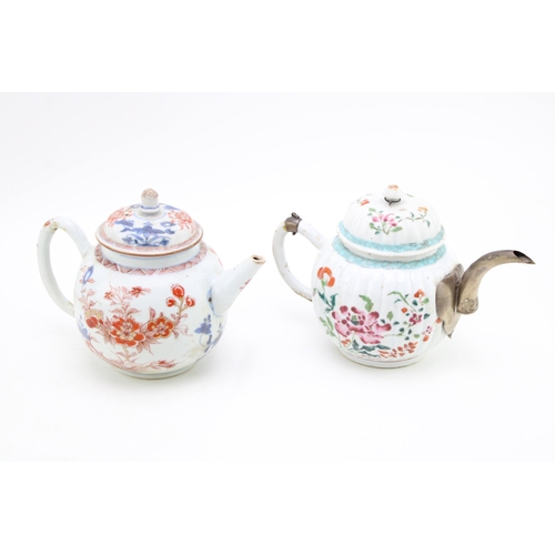 457 - Two Chinese porcelain teapots, one ribbed, repaired metal spout (2), 21cm wide.