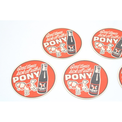 476 - Five vintage advertising beer mats 'Good Times Kick Off With A Pony'. Diameter 9.5cm.