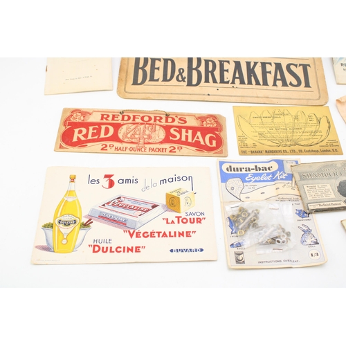 481 - A collection of advertising ephemera on card to include 'Bed & Breakfast' sign, 'Bedford's Red Shag ... 