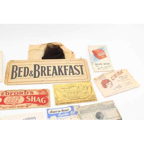 481 - A collection of advertising ephemera on card to include 'Bed & Breakfast' sign, 'Bedford's Red Shag ... 