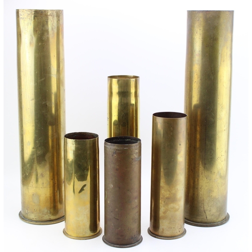 531 - A collection of six WW1 German brass shell casings of various sizes and calibres dated 1916, 1917 an... 