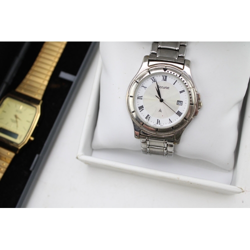 557 - A boxed Accusrist quartz watch, round dial with Roman numerals, together with a boxed gold plated ex... 