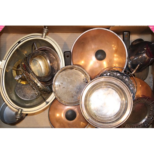 596 - A collection of silver plated items to include trays, copper pans, teapot,  and other similar items.