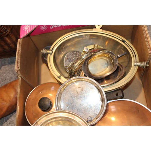 596 - A collection of silver plated items to include trays, copper pans, teapot,  and other similar items.