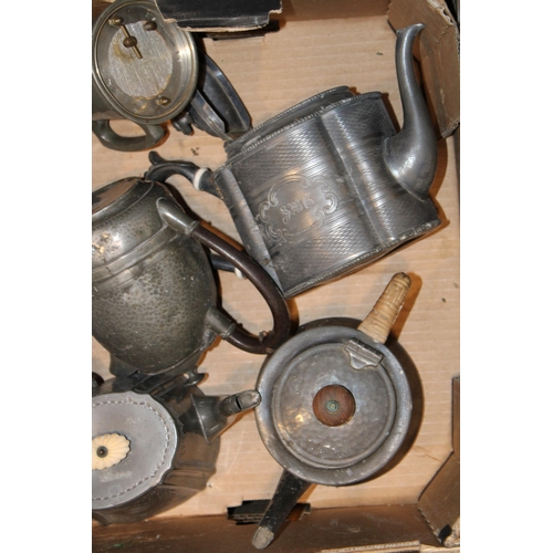 586 - A collection of pewter items to include tea and coffee pots together with an equestrian prize caddy.... 