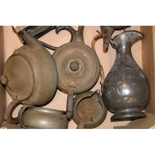 587 - A collection of silver plated and pewter items to include tea pots, bowls and caddy. (Qty)