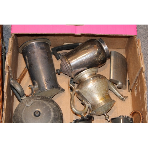 588 - A collection of silver plated and pewter items to include tea pots, bowls vase and golf hip flask. (... 