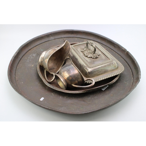 594 - A collection of silver plated items together with a large copper tray. (Qty)