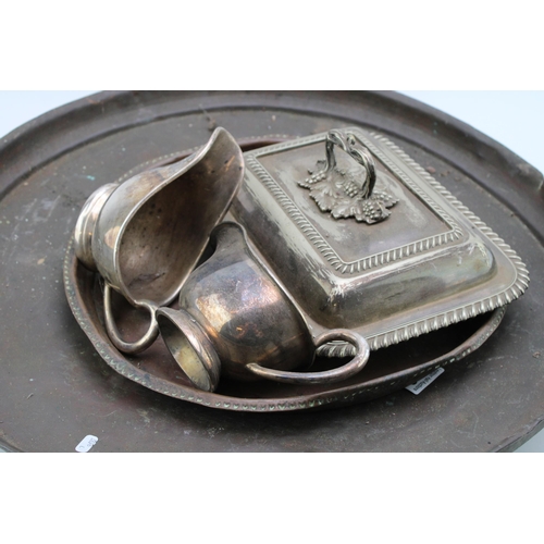 594 - A collection of silver plated items together with a large copper tray. (Qty)