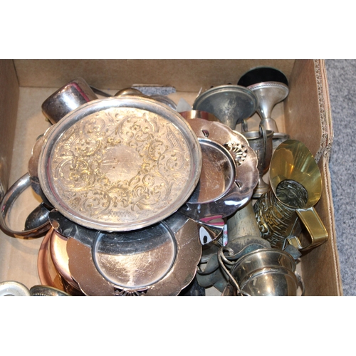 595 - A collection of silver plated items to include trays, teapot, trophies and other similar items.