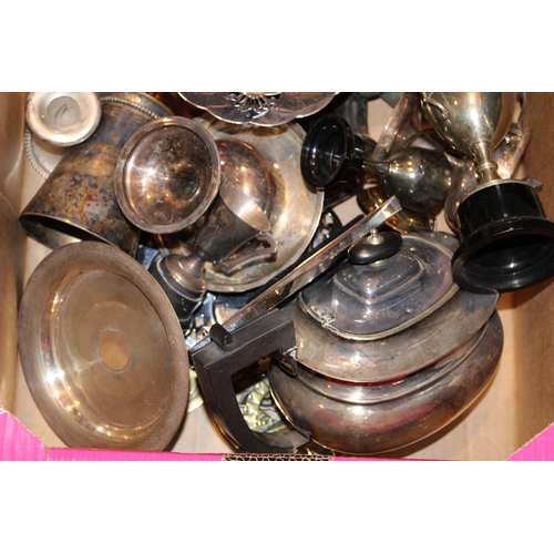 595 - A collection of silver plated items to include trays, teapot, trophies and other similar items.