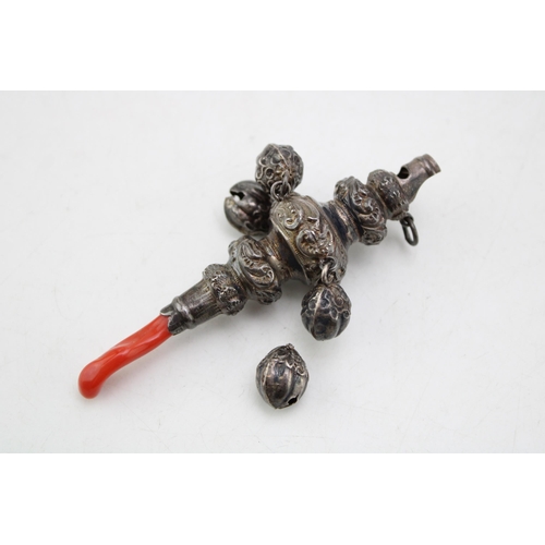 609 - Silver baby's rattle with coral teether, with bells, Birmingham 1900.