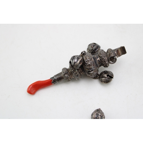 609 - Silver baby's rattle with coral teether, with bells, Birmingham 1900.