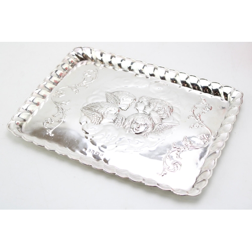 611 - Silver embossed silver rectangular tray, shaped edge, with Reynold's Angels pattern, Birmingham 1905... 