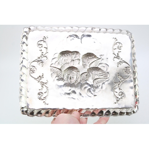 611 - Silver embossed silver rectangular tray, shaped edge, with Reynold's Angels pattern, Birmingham 1905... 