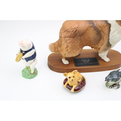 62 - Beswick to include a large Rough Collie on a wooden base, pig band figures Andrew and Michael, a whi... 