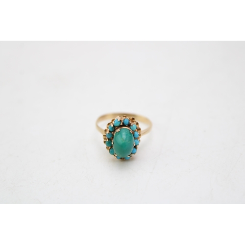 620 - Yellow metal (testing as 9ct gold or better) lady's ring, set turquoise, 2.7g, size N.