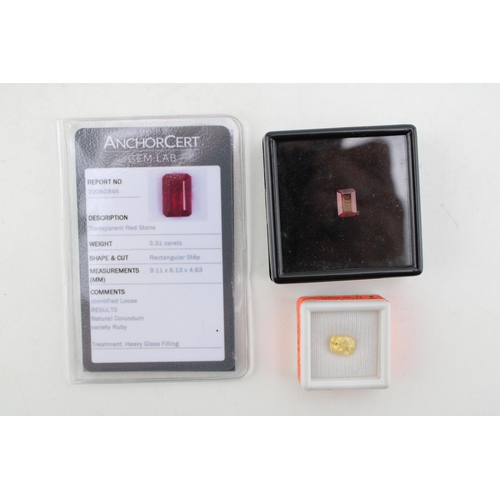 626 - A loose rectangular step cut ruby, of 3.31ct, complete with AnchorCert Gem Lab certificate, detailin... 