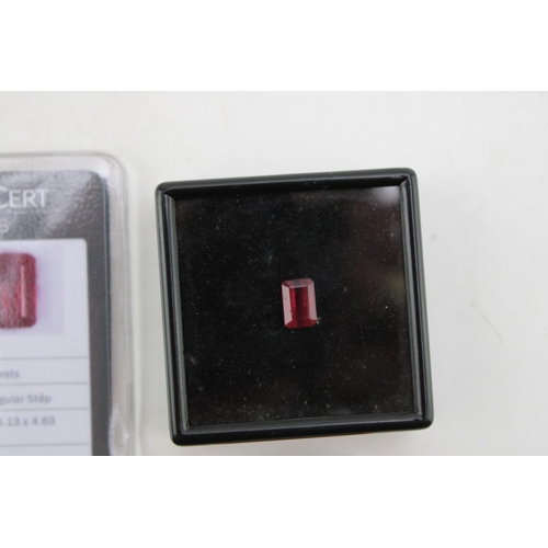 626 - A loose rectangular step cut ruby, of 3.31ct, complete with AnchorCert Gem Lab certificate, detailin... 