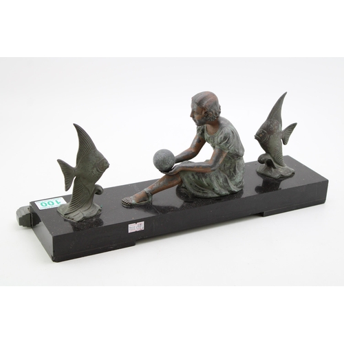 100 - An Art Deco style figure of a female with fish mounted on marble base. Height 20cm, width 45cm.