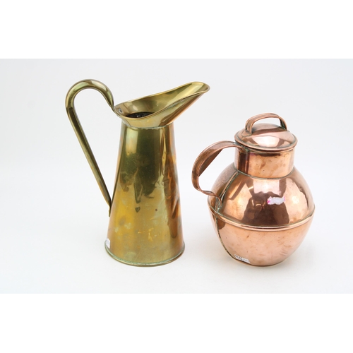 125 - An antique copper Guernsey / Jersey can together with an antique brass pitcher jug, height 24cm.