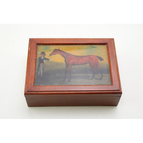 129 - Antique style wooden trinket box with image of a horse with dandy owner, 16cm x 11cm x 5cm.