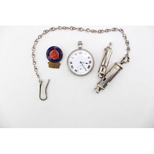 207 - A collection of items to include 'The Metropolitan' whistle on chain together with a 'Girl Guide' wh... 