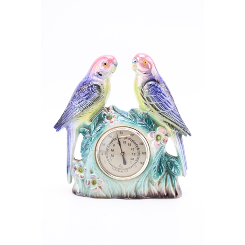 245 - A novelty ceramic thermometer in the form of two budgerigars, lustre finish, kitsch 1950s / 1960s de... 