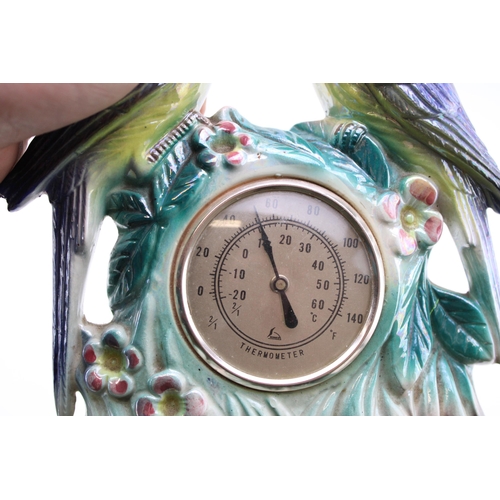 245 - A novelty ceramic thermometer in the form of two budgerigars, lustre finish, kitsch 1950s / 1960s de... 