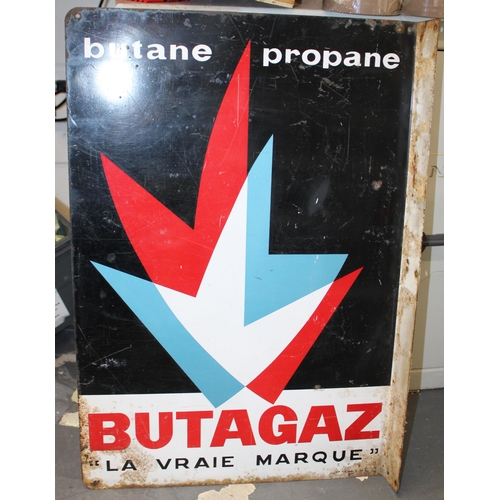 246 - A vintage enamel advertising point of sale sign, wall mounted flange, BUTAGAZ Propane. 45cm x 66cm .