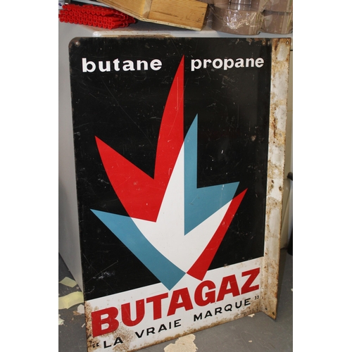 246 - A vintage enamel advertising point of sale sign, wall mounted flange, BUTAGAZ Propane. 45cm x 66cm .