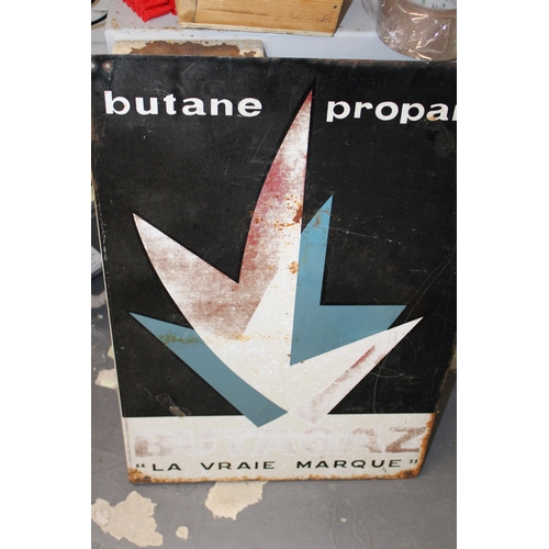 246 - A vintage enamel advertising point of sale sign, wall mounted flange, BUTAGAZ Propane. 45cm x 66cm .