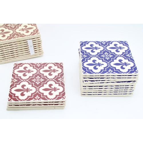 50 - A collection of tiles to include Minton Hollins one colour print Heraldic design in trial Maroon for... 