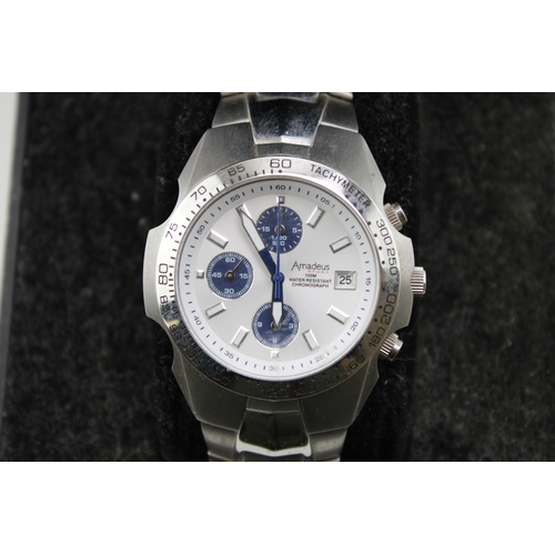 79 - A boxed Amadeus Chronograph wristwatch, silvertone dial, stainless steel case and bracelet, Case dia... 