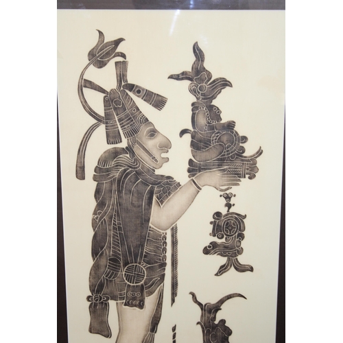 82 - A framed batique work depicting Maya gods. 40cm x 97cm.