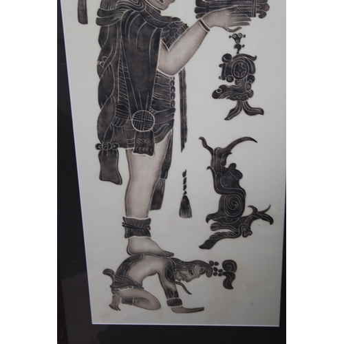 82 - A framed batique work depicting Maya gods. 40cm x 97cm.