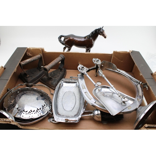 93 - A collection of silver plated items, chrome fireside 'horseshoe' companion set and two flat irons to... 