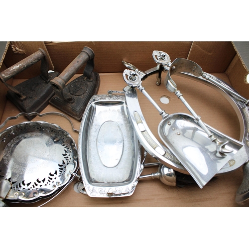 93 - A collection of silver plated items, chrome fireside 'horseshoe' companion set and two flat irons to... 