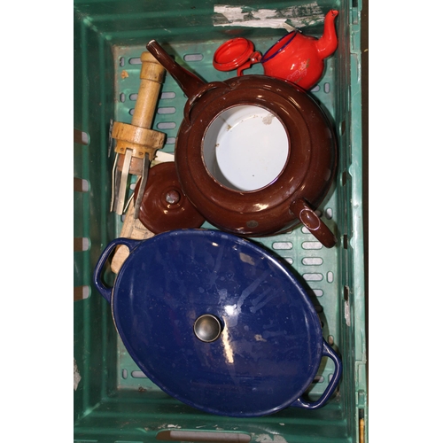 108 - Two enamel Kettles with a cast iron enamel Le Crueset style casserole dish