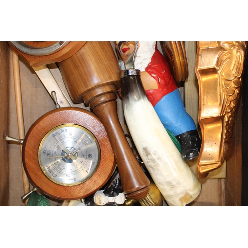 110 - A collection of household objects including two barometers, wooden objects, treen, a cow horn bottle... 